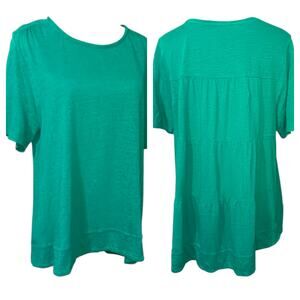 CHICO'S 2 100% Linen Long Tunic Top Tee LG Tiered‎ Back High/Lo Turquoise Green